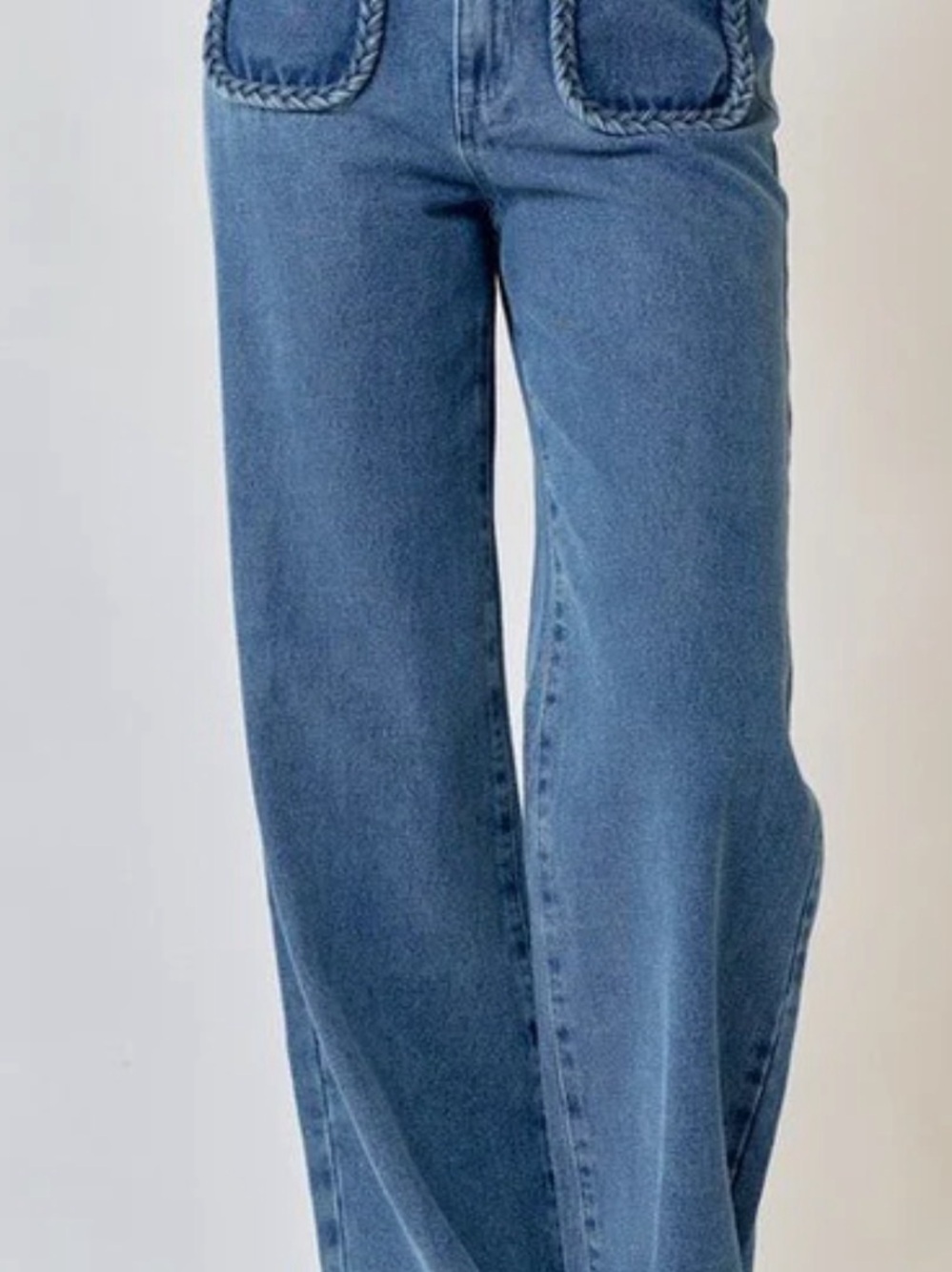 bohme Blue High-Rise Wide Leg Jeans with Braided Waistband